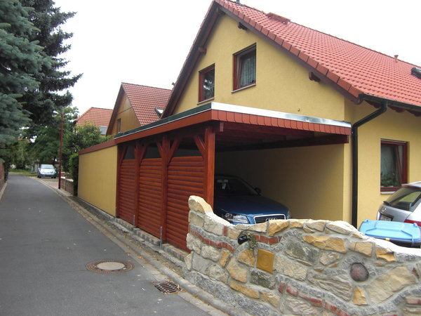 Carport 4,00 x 5,20 m Flachdach Lärche KVH Wandanbau