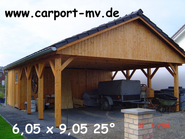 Carport 6,00 x 9,00 m Satteldach 15° Leimholz Si mit Abstellraum